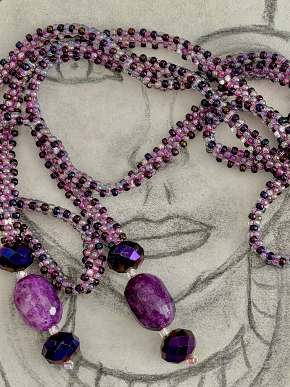 One of a Kind Handwoven Amethyst Lariat Necklace, 48" Freshwater Pearl & Faceted